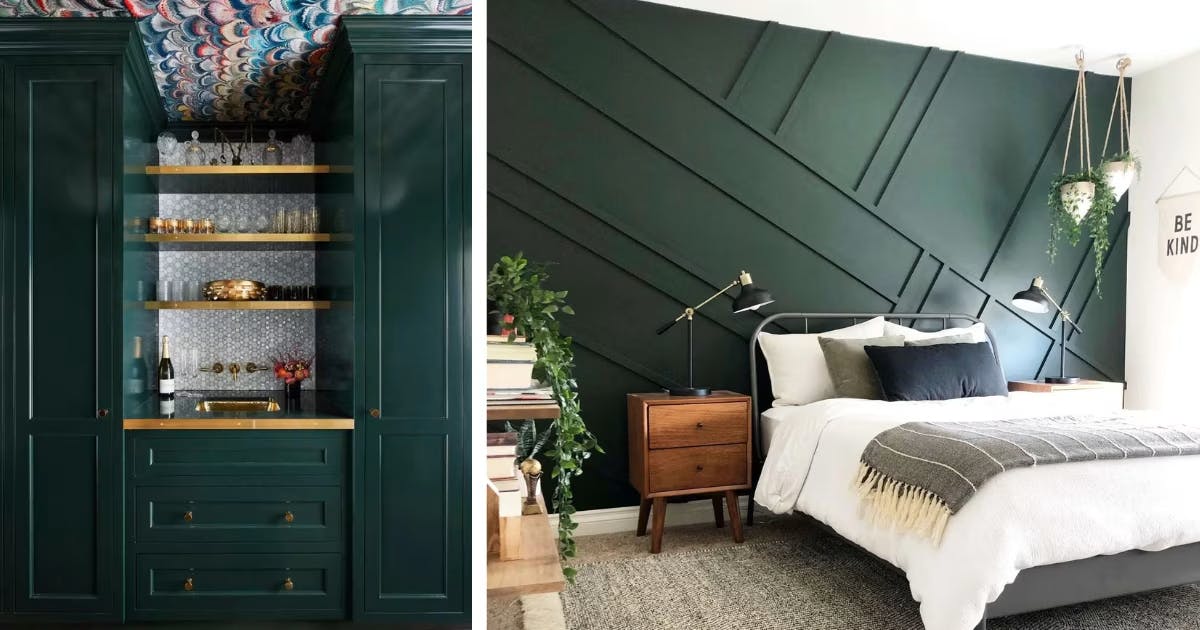 Essex Green by Benjamin Moore; Left Image: Featured in Better Homes and Gardens, photo by Dustin Hallek. Right Image: Angela Rose Home