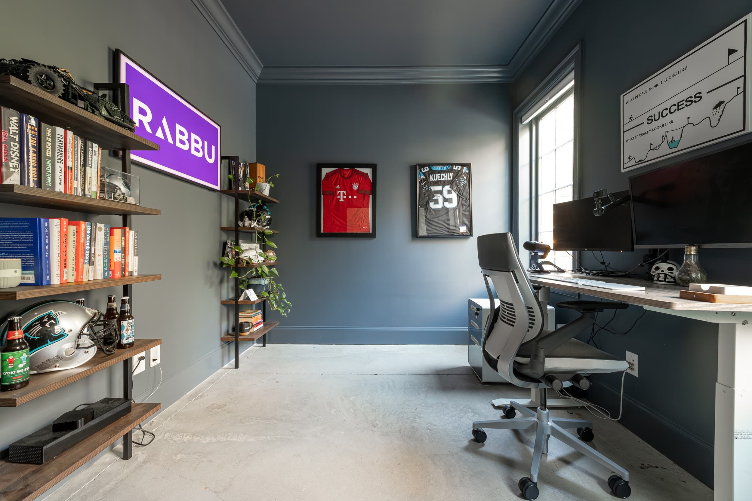 The trim, ceiling, and walls of this office were painted in Outerspace SW 6251  by Sherwin-Williams. 