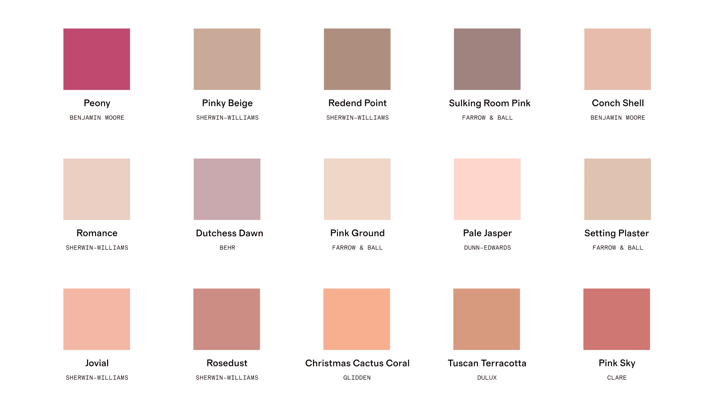 Swatches for 15 of our favorite pink paint hues in 2023