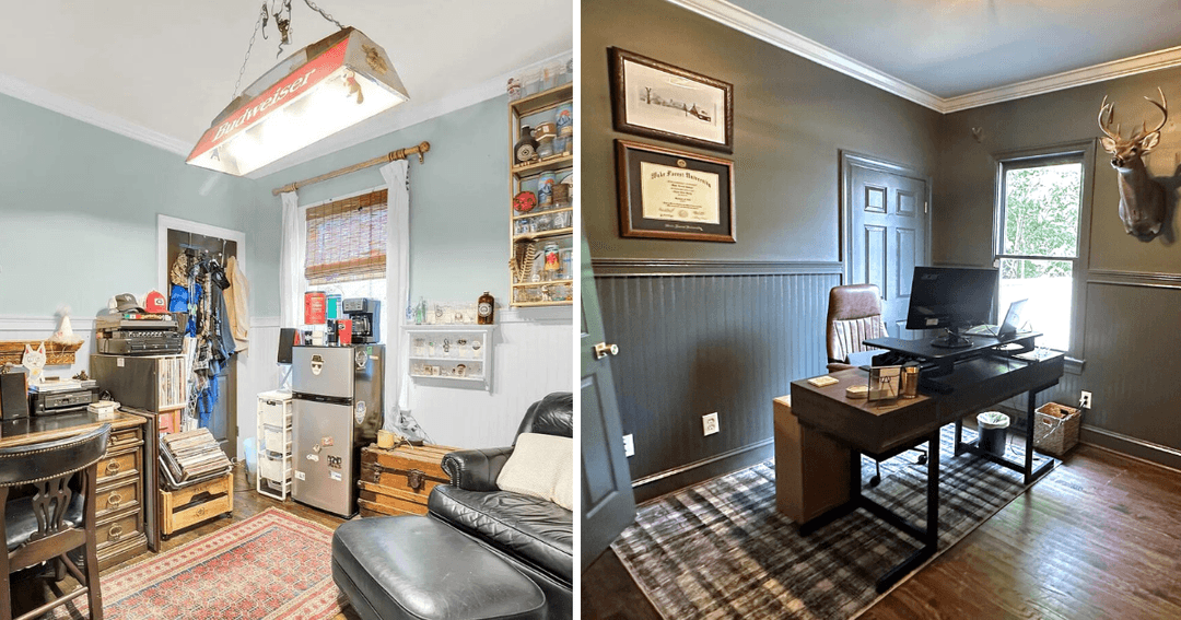 Kyla's newly painted office compared to the recently purchased home's Zillow listing. 
