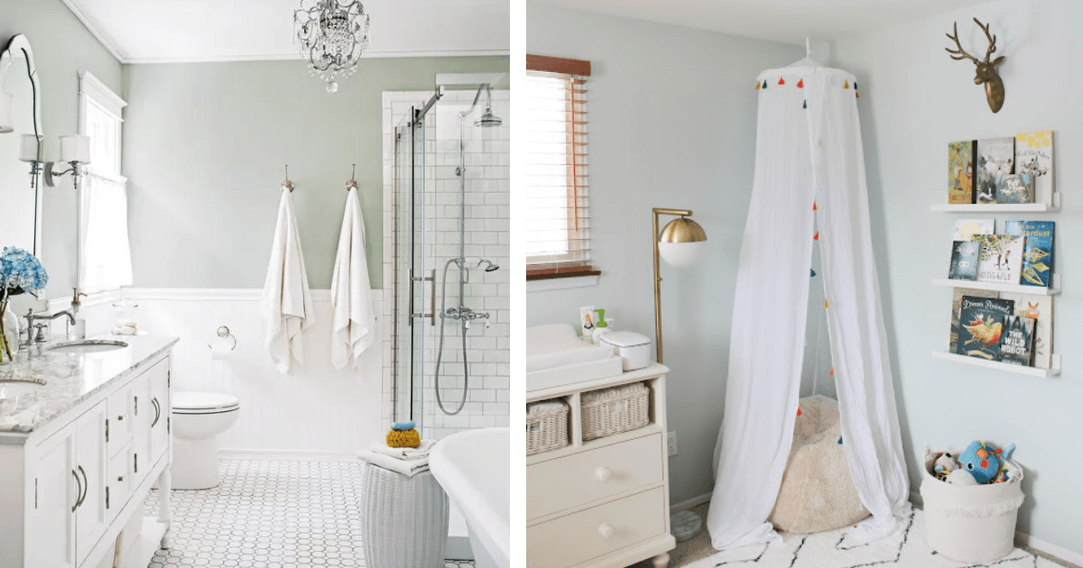 Juniper Breeze by Behr; Left Image: featured in Better Homes and Garden, photo by John Bessler; Right Image: photo by Rebecca Voigt featured on her blog, Paper & Cloth