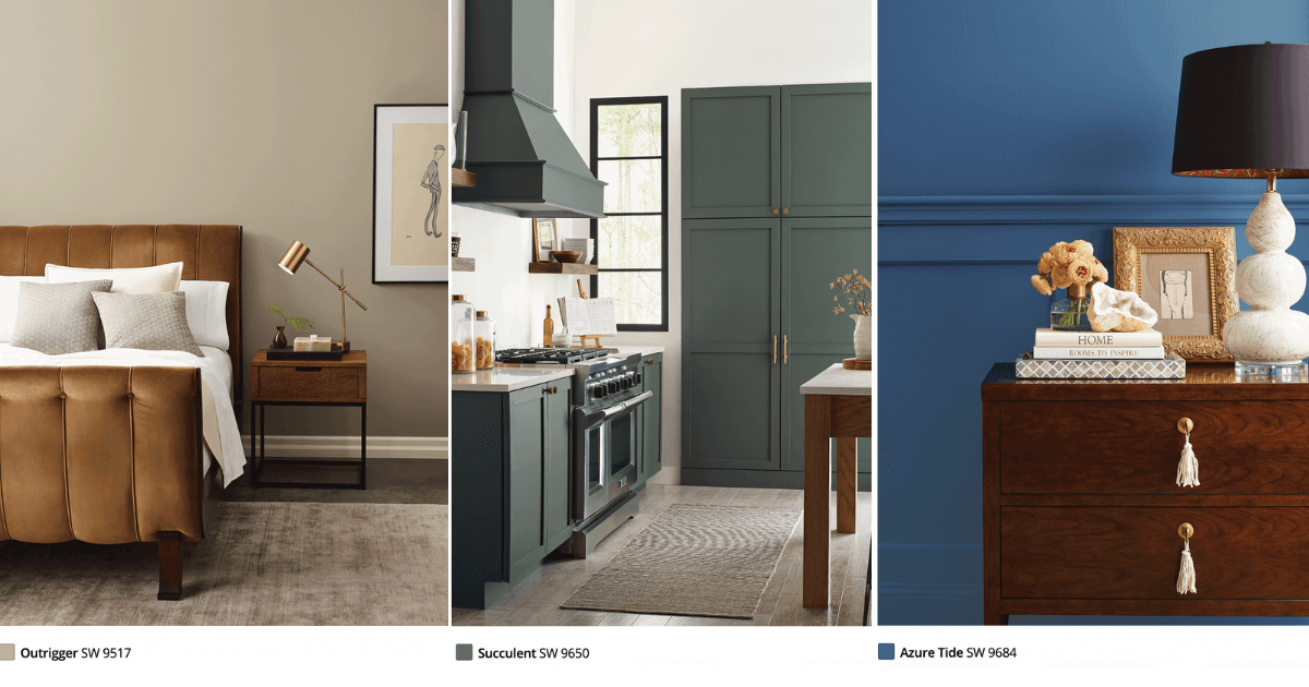 Sherwin-Williams Emerald Designer Paints; Outrigger SW 9517; Succulent SW 9650; Azure Tide SW 6984