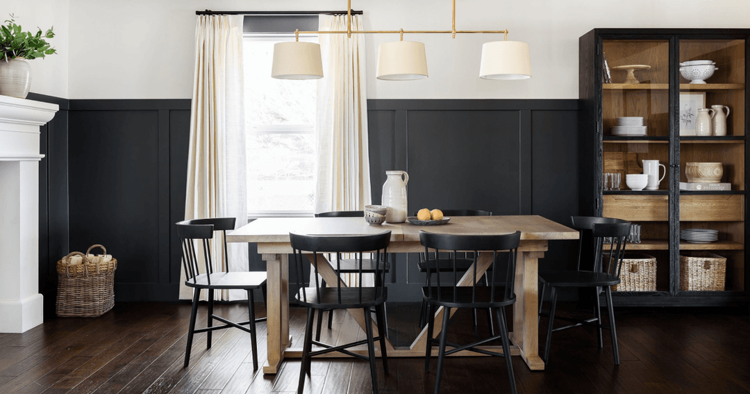 Cheating Heart by Benjamin Moore, shared in Studio McGees blog, is featured in the wainscoting in this kitchen.