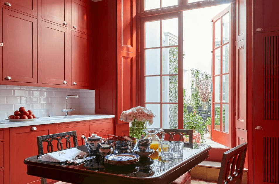 Raspberry Blush by Benjamin Moore: A vibrant ruby red paint color.