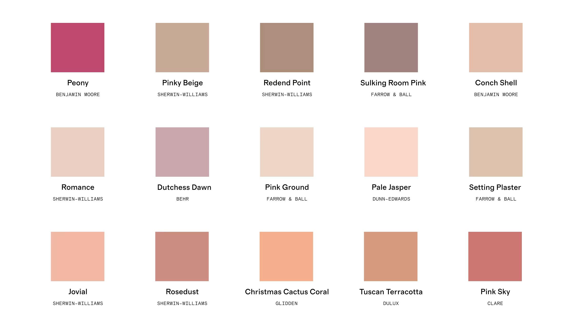 Swatches for 15 of our favorite pink paint hues in 2023