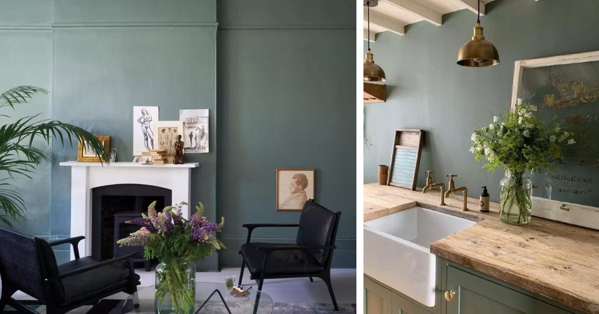 Green Smoke from Farrow & Ball, left photo from Farrow & Ball; right photo from Simply Scandi Katie 