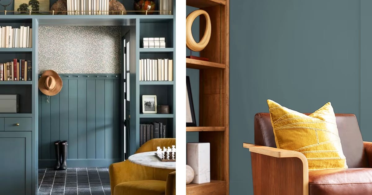 Riverway SW 6222 by Sherwin-Williams; left image featured in Better Home and Garden, photo by Studio McGee; right image by Sherwin-Williams.