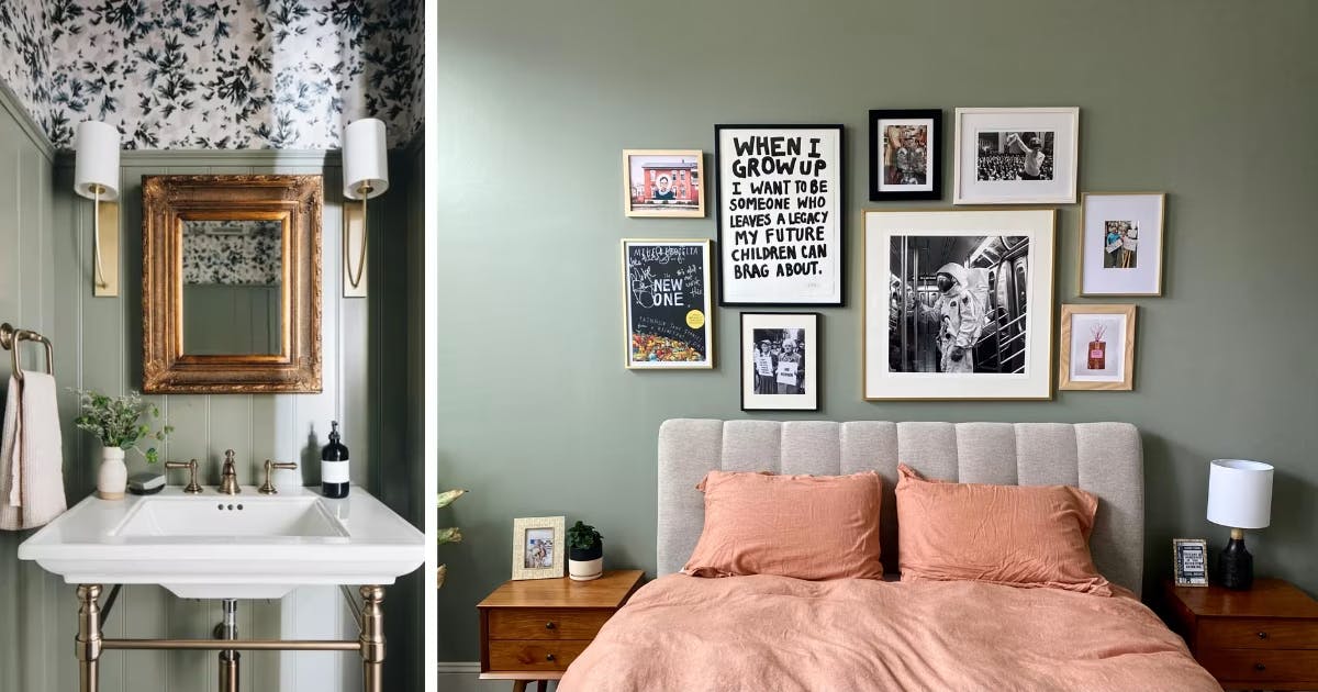 Evergreen Fog SW 9130 by Sherwin-Williams. Right Image: Stoffer Photography Interiors and Jean Stoffer Design, Featured in Apartment Therapy; Left Image: Sam Smith's Guest Room