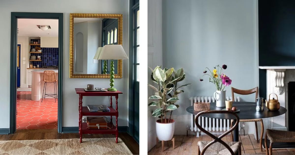Walls are Borrowed Light from Farrow & Ball, trim is Yorktown Greene from Benjamin Moore, featured in Apartment Therapy, photo by Peter Spalding; Photo on the right from Farrow & Ball.