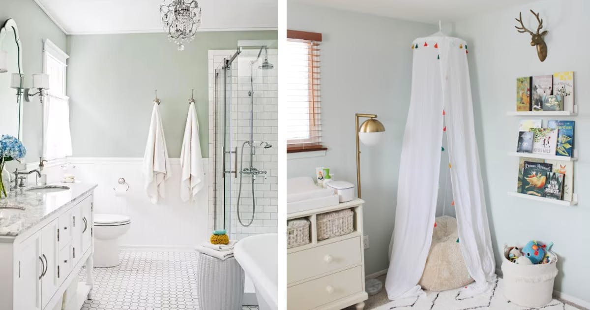 Juniper Breeze by Behr; Left Image: featured in Better Homes and Garden, photo by John Bessler; Right Image: photo by Rebecca Voigt featured on her blog, Paper & Cloth